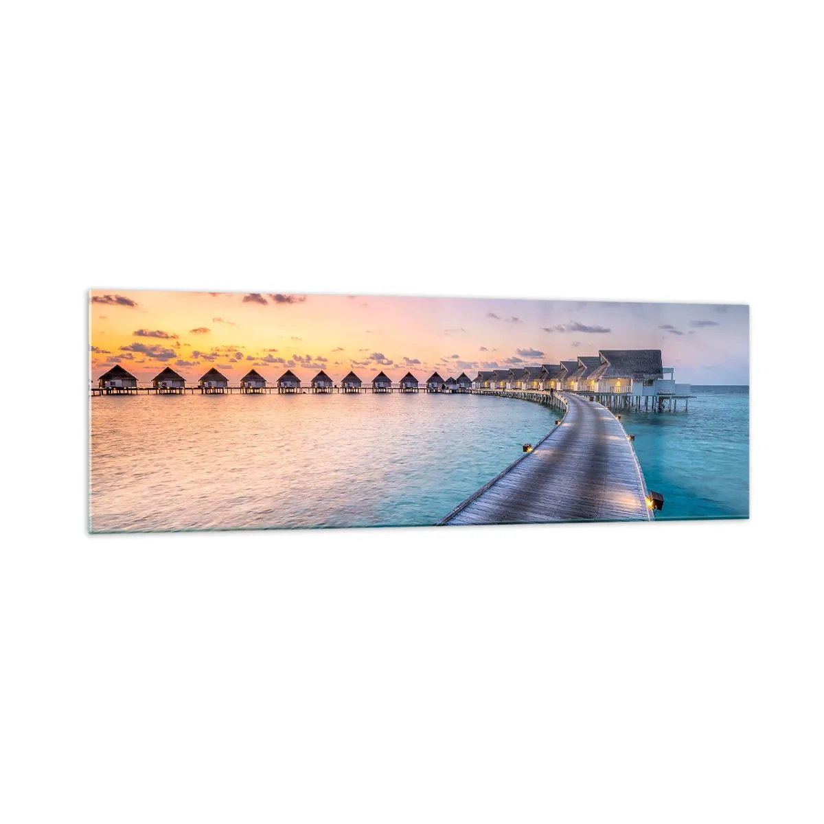 Glasbild - Bild auf glas - Der Pier, der bei Sonnenuntergang zu den Cottages am Wasser führt - 160x50cm - Urlaub - zurück zu den Quellen - Moderne Wanddekoration für Wohnzimmer und Schlafzimmer ARTTOR