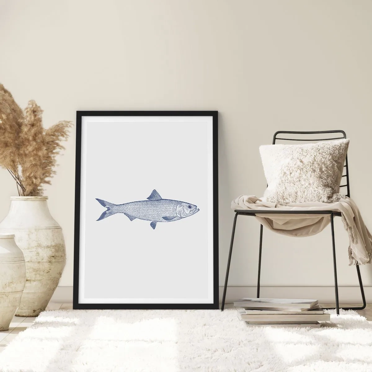Poster in einem schwarzem Rahmen - Minimalistische Vintage-Fischillustration - 50x70cm - Grüße aus den nördlichen Meeren - Moderne Wanddekoration für Wohnzimmer und Schlafzimmer ARTTOR