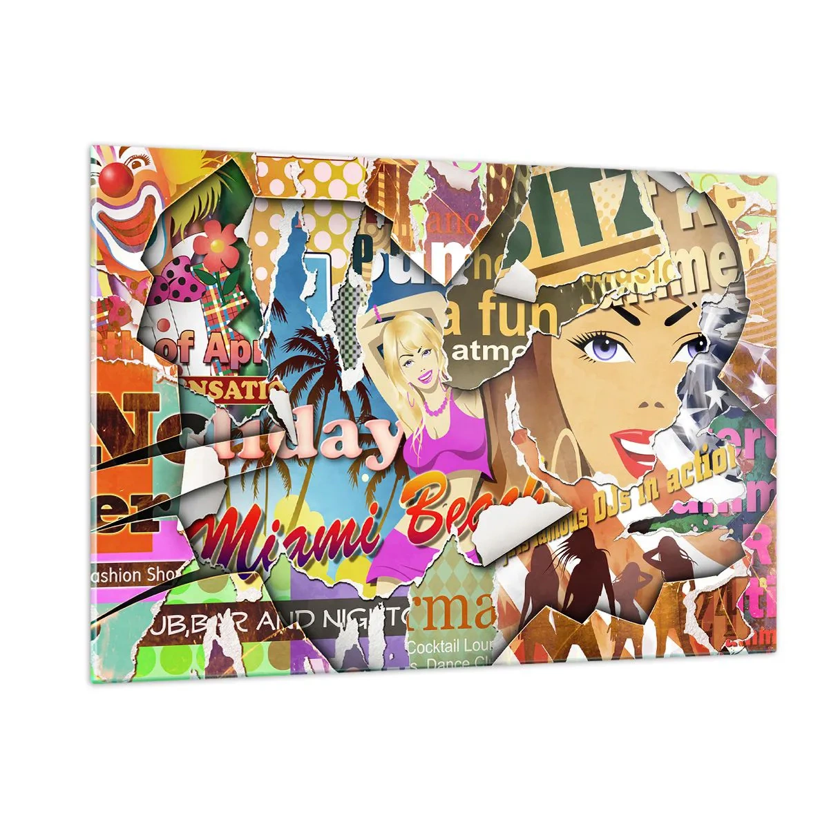 Glasbild - Bild auf glas - Bunte Retro-Collage mit Postern und Grafiken - 120x80cm - Sommer Rückblicke - Moderne Wanddekoration für Wohnzimmer und Schlafzimmer ARTTOR