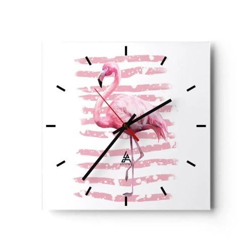 Wanduhr - Glasuhr - Flamingo auf rosa Hintergrund im minimalistischen Stil - 30x30cm - In Würde, aber in Pink - Moderne Wanddekoration für Wohnzimmer und Schlafzimmer ARTTOR