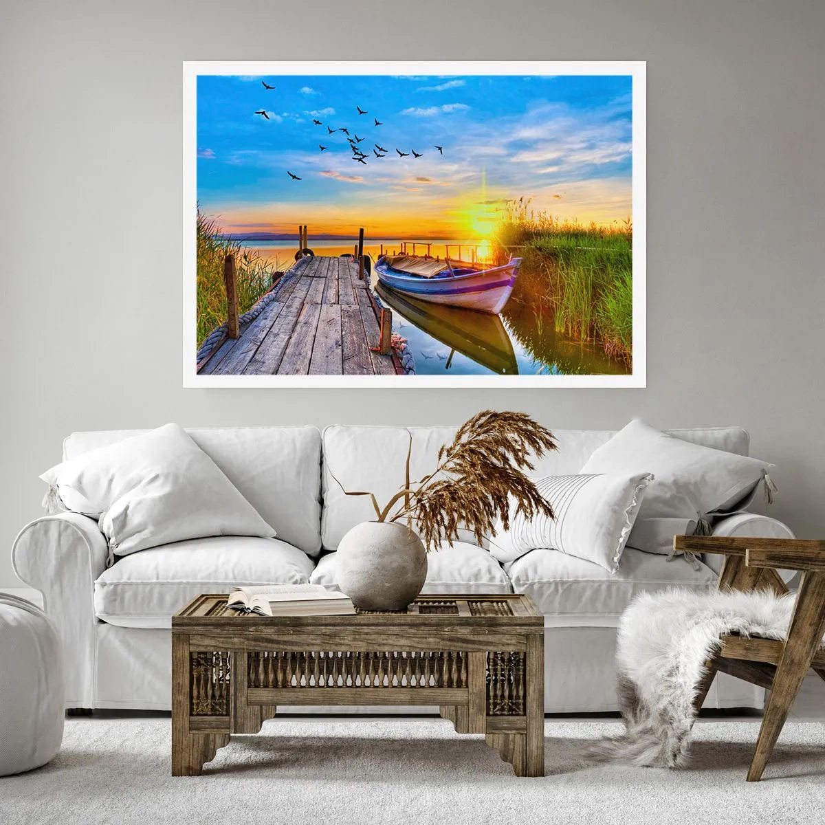 Poster - Ein Boot an einem Holzsteg bei Sonnenuntergang - 100x70cm - Bis morgen - Moderne Wanddekoration für Wohnzimmer und Schlafzimmer ARTTOR