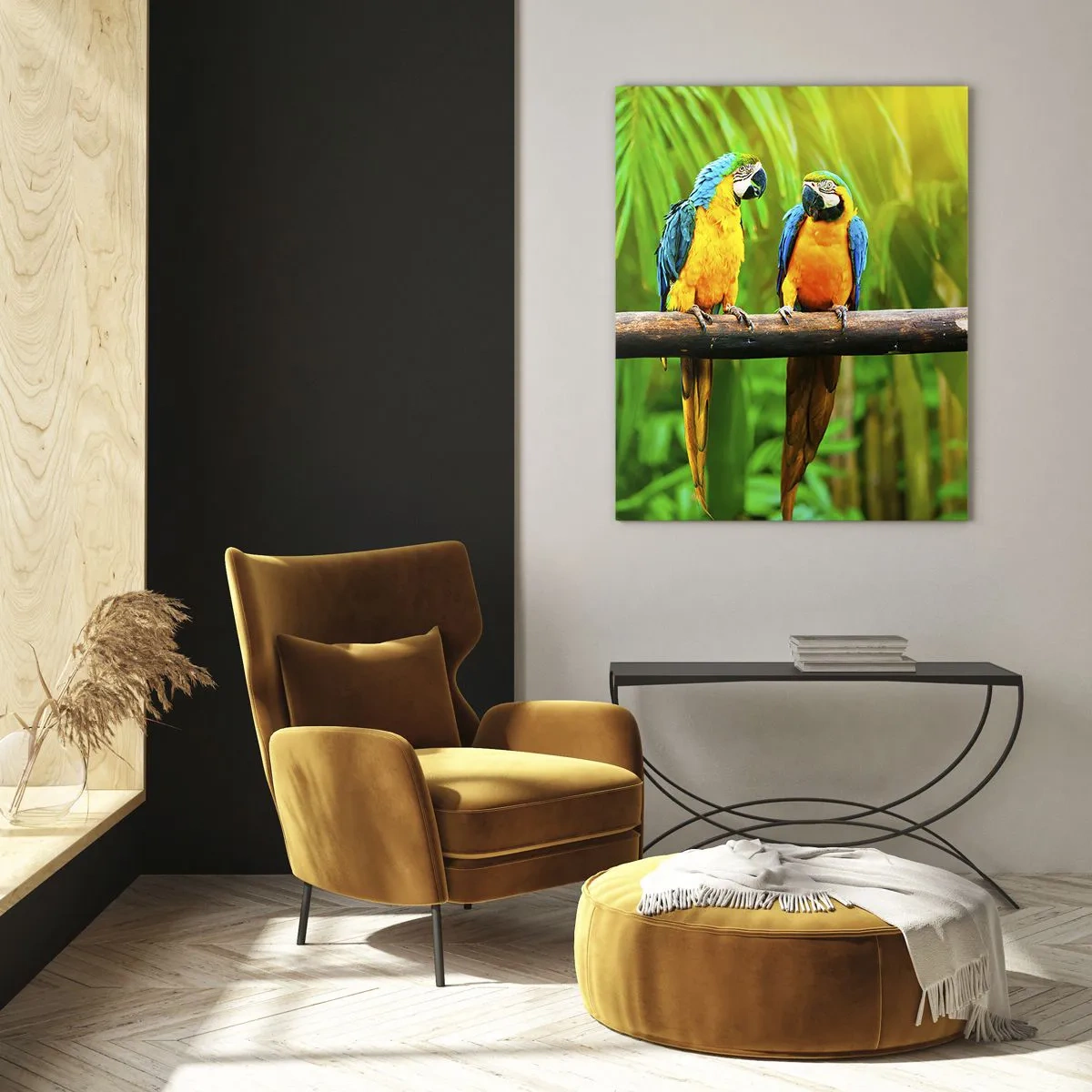 Glasbild - Bild auf glas - Drei Ara-Papageien auf einem Ast in einem tropischen Wald - 50x70cm - Und hast du gehört, dass sie ...? - Moderne Wanddekoration für Wohnzimmer und Schlafzimmer ARTTOR
