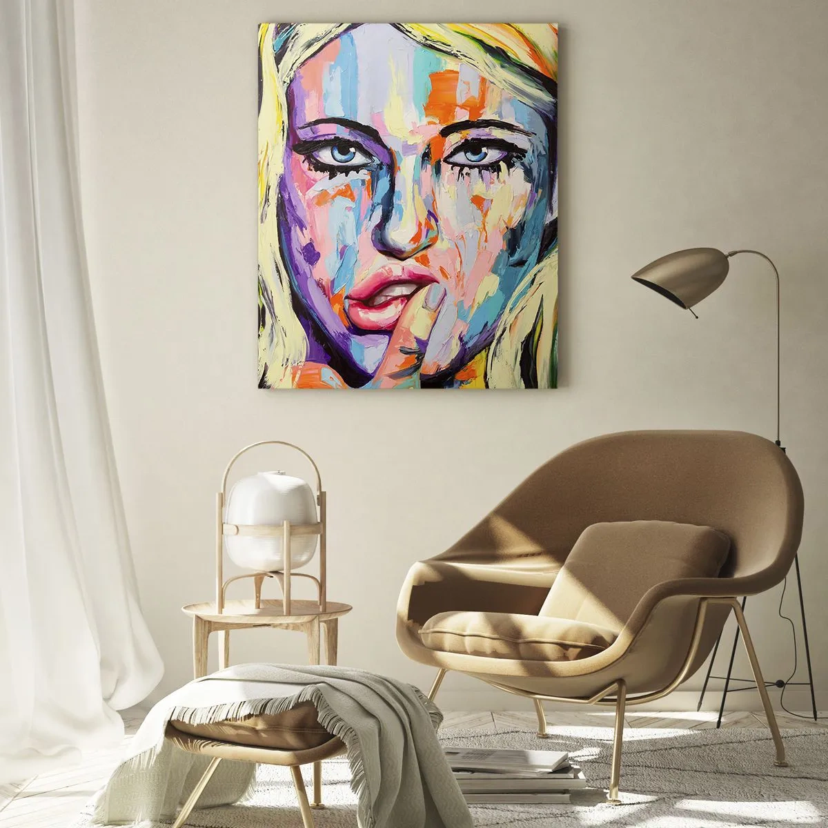 Glasbild - Bild auf glas - Ein farbenfrohes Porträt einer Frau mit nachdenklichem Ausdruck - 50x70cm - Schau ihr direkt in die Augen - Moderne Wanddekoration für Wohnzimmer und Schlafzimmer ARTTOR