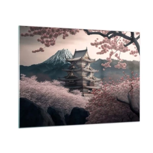 Glasbild - Bild auf glas - Eine traditionelle japanische Pagode inmitten von Kirschblüten und Bergen - 70x50cm - Land der Kirschblüten - Moderne Wanddekoration für Wohnzimmer und Schlafzimmer ARTTOR