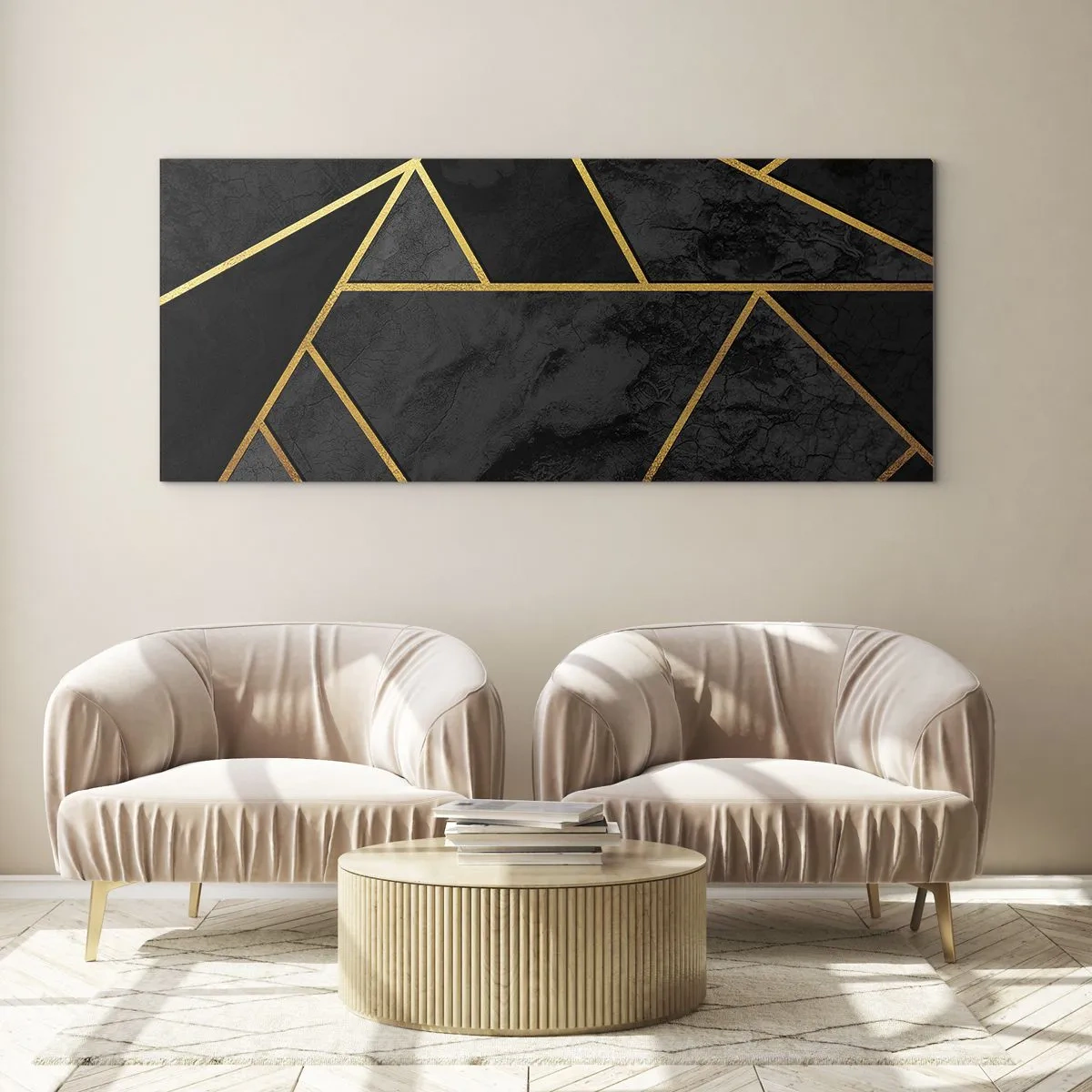 Glasbild - Bild auf glas - Geometrisches Goldmuster auf schwarzem Hintergrund - 140x50cm - Dunkelheit und Glanz - Moderne Wanddekoration für Wohnzimmer und Schlafzimmer ARTTOR
