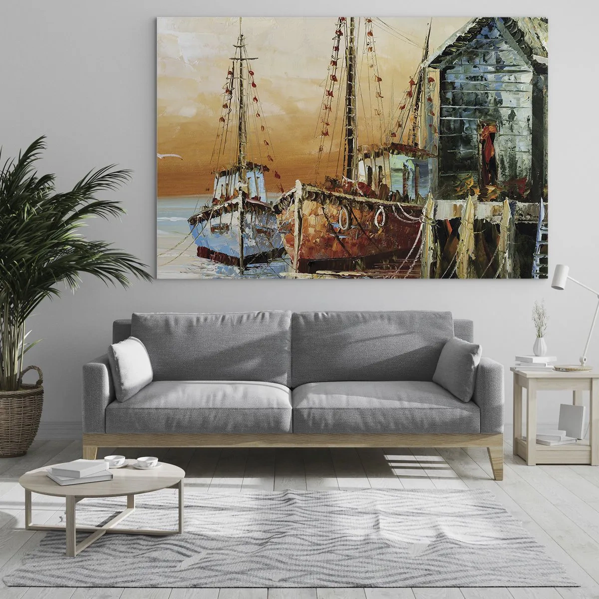 Glasbild - Bild auf glas - Bunte Boote im Yachthafen - 100x70cm - Friedliche Rückkehr - Moderne Wanddekoration für Wohnzimmer und Schlafzimmer ARTTOR