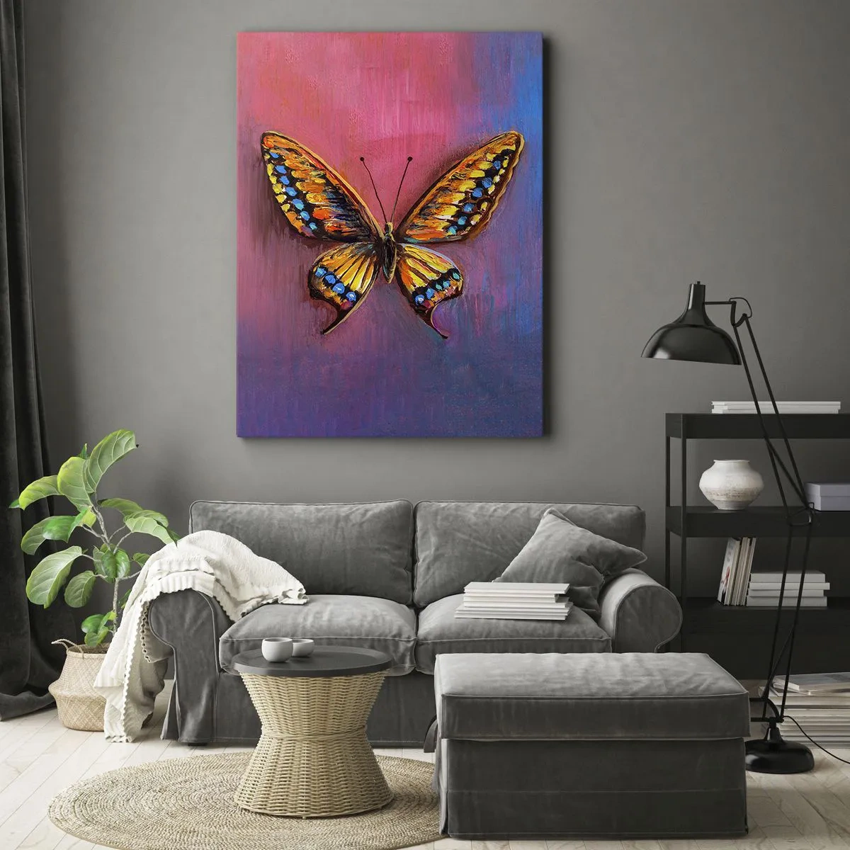 Bild auf Leinwand - Leinwandbild - Bunter Schmetterling auf abstraktem Hintergrund - 70x100cm - Ein Juwel der Natur - Moderne Wanddekoration für Wohnzimmer und Schlafzimmer ARTTOR