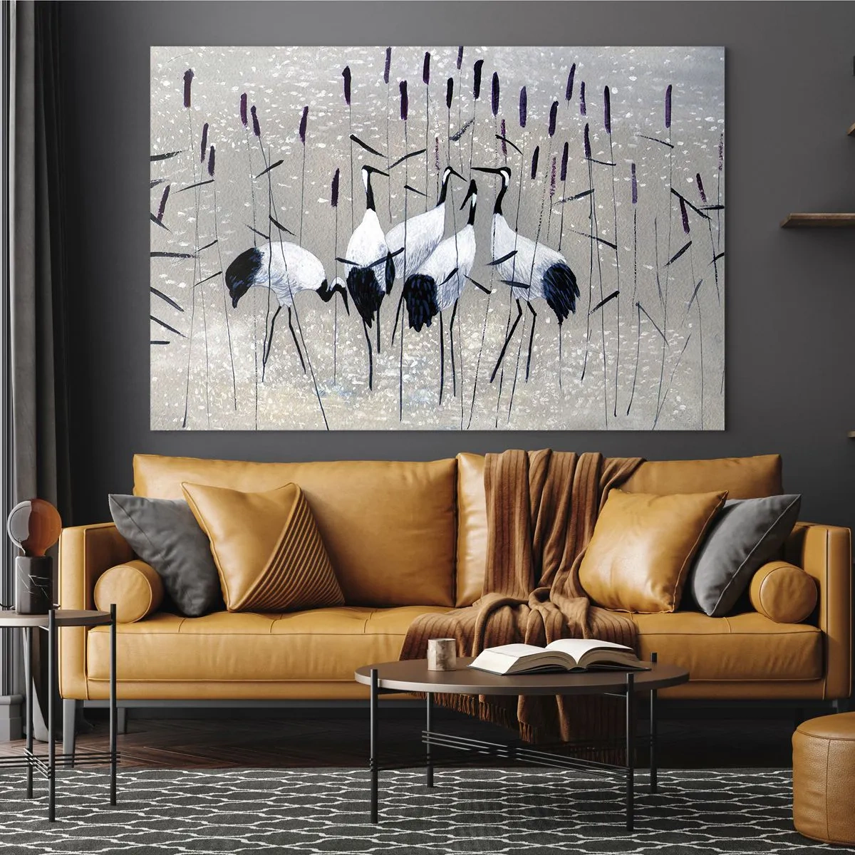 Glasbild - Bild auf glas - Vier Kraniche im Schilf am See - 120x80cm - Unter ihren eigenen - Moderne Wanddekoration für Wohnzimmer und Schlafzimmer ARTTOR