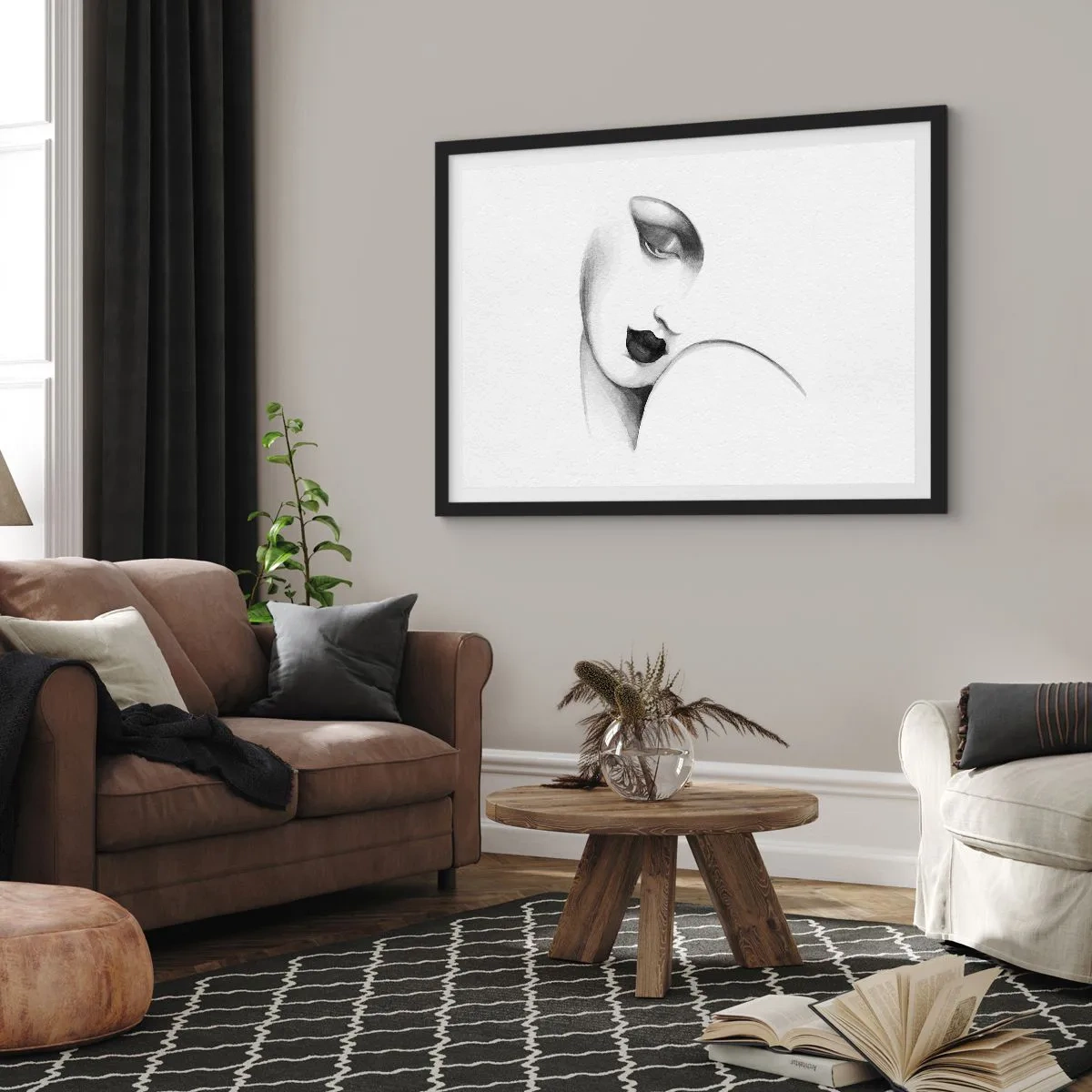 Poster in einem schwarzem Rahmen - Ein subtiles Frauenporträt im monochromen Stil - 70x50cm - Im Stil von Łempicka - Moderne Wanddekoration für Wohnzimmer und Schlafzimmer ARTTOR