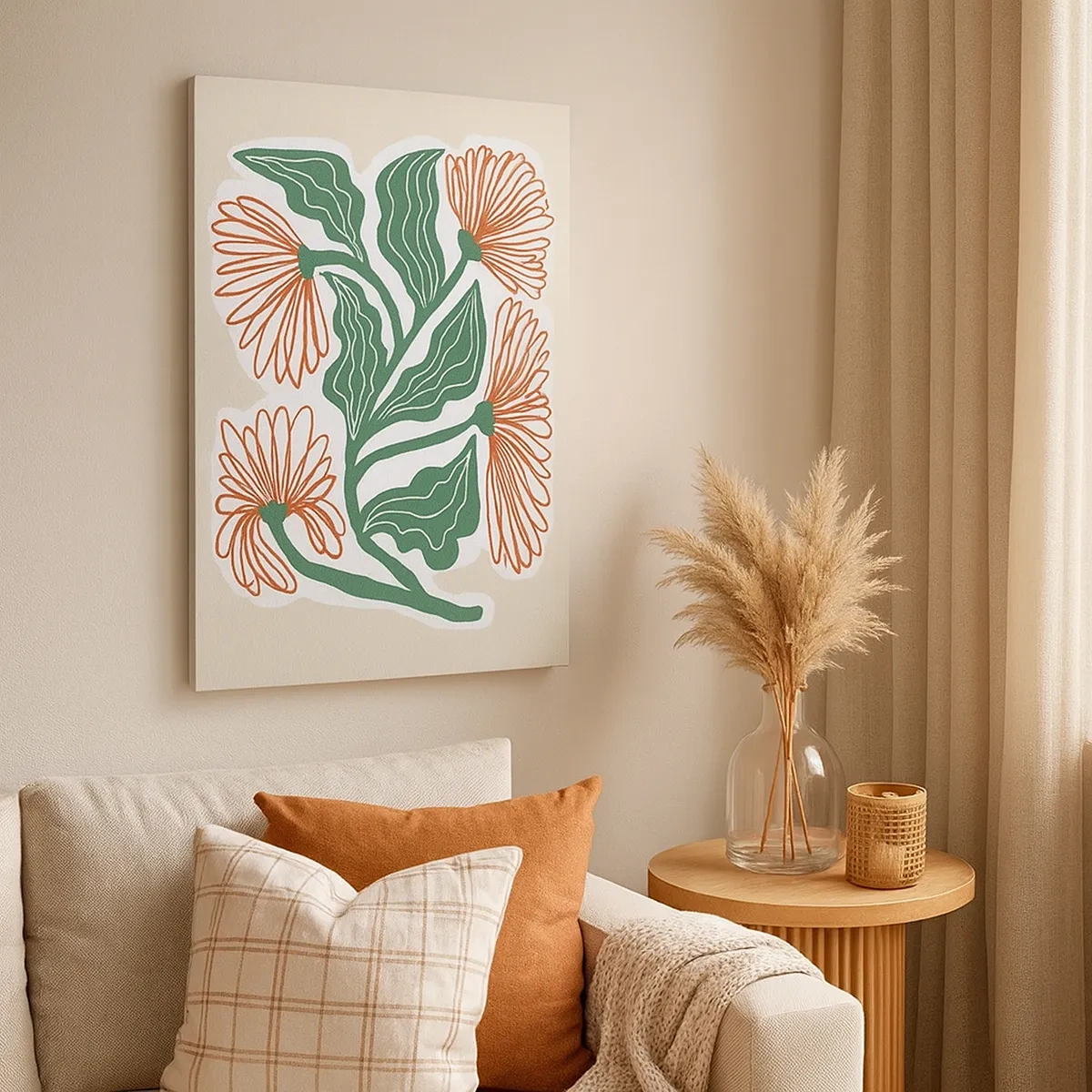 Bild auf Leinwand - Leinwandbild - Eine Blumenzeichnung im minimalistischen Stil mit grünen Blättern - 50x70cm - Im Folkstil und modern - Moderne Wanddekoration für Wohnzimmer und Schlafzimmer ARTTOR