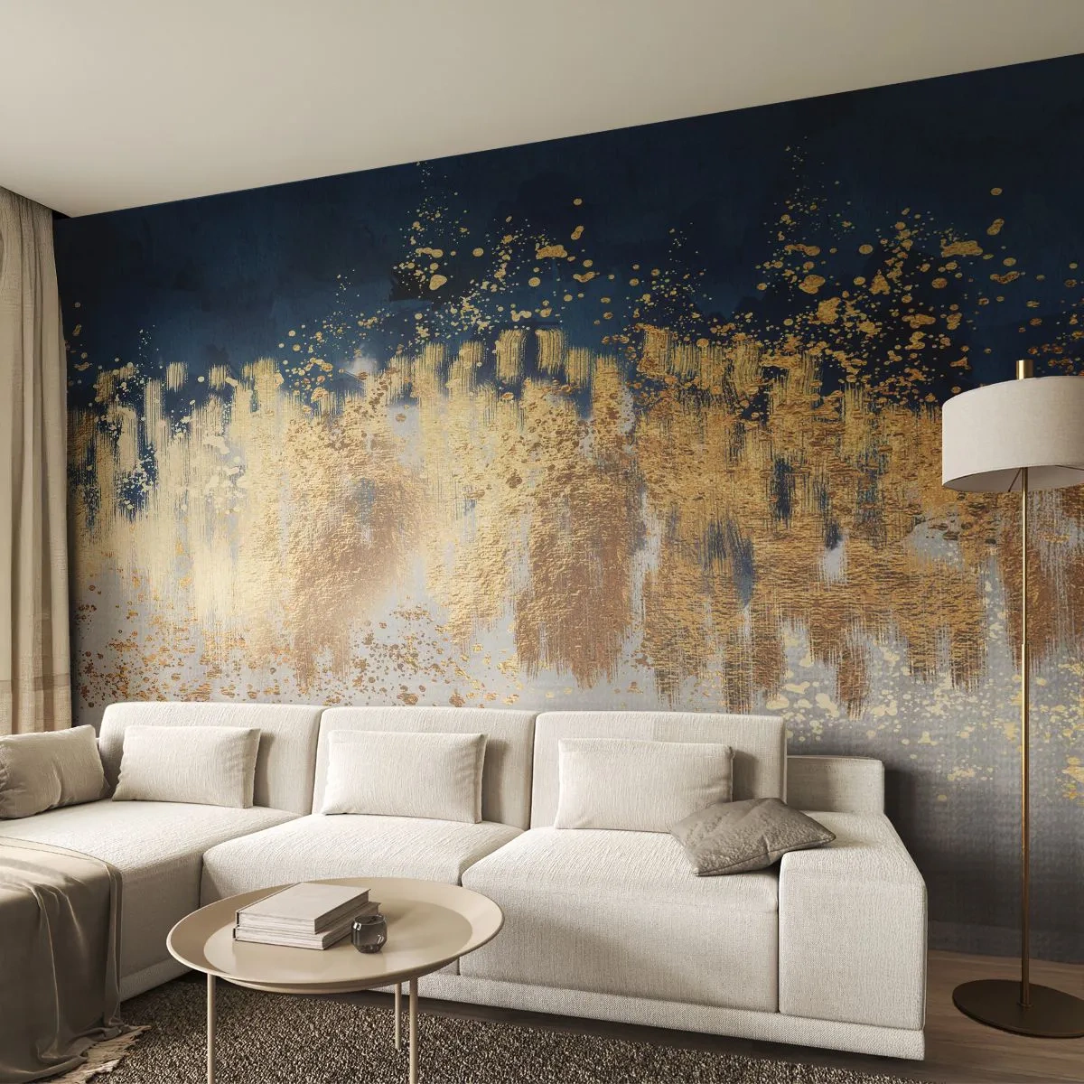 Fototapete Standard Eco - Goldene Akzente vor marineblauem Hintergrund und silberner Textur - 100x70cm - Moderne Komposition mit Glanz - Moderne Wanddekoration für Wohnzimmer und Schlafzimmer ARTTOR