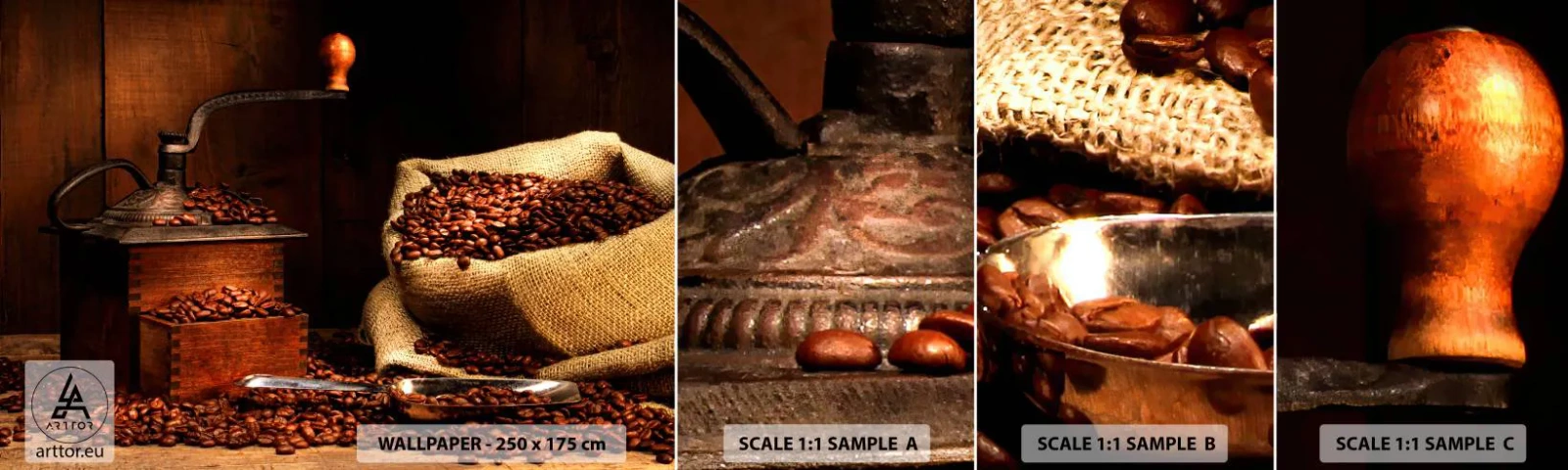 Fototapetenmuster Standard Eco - Stillleben mit Kaffeebohnen und einer Mühle - Gastronomie, Kaffee, Kaffeemühle - 100x30 cm