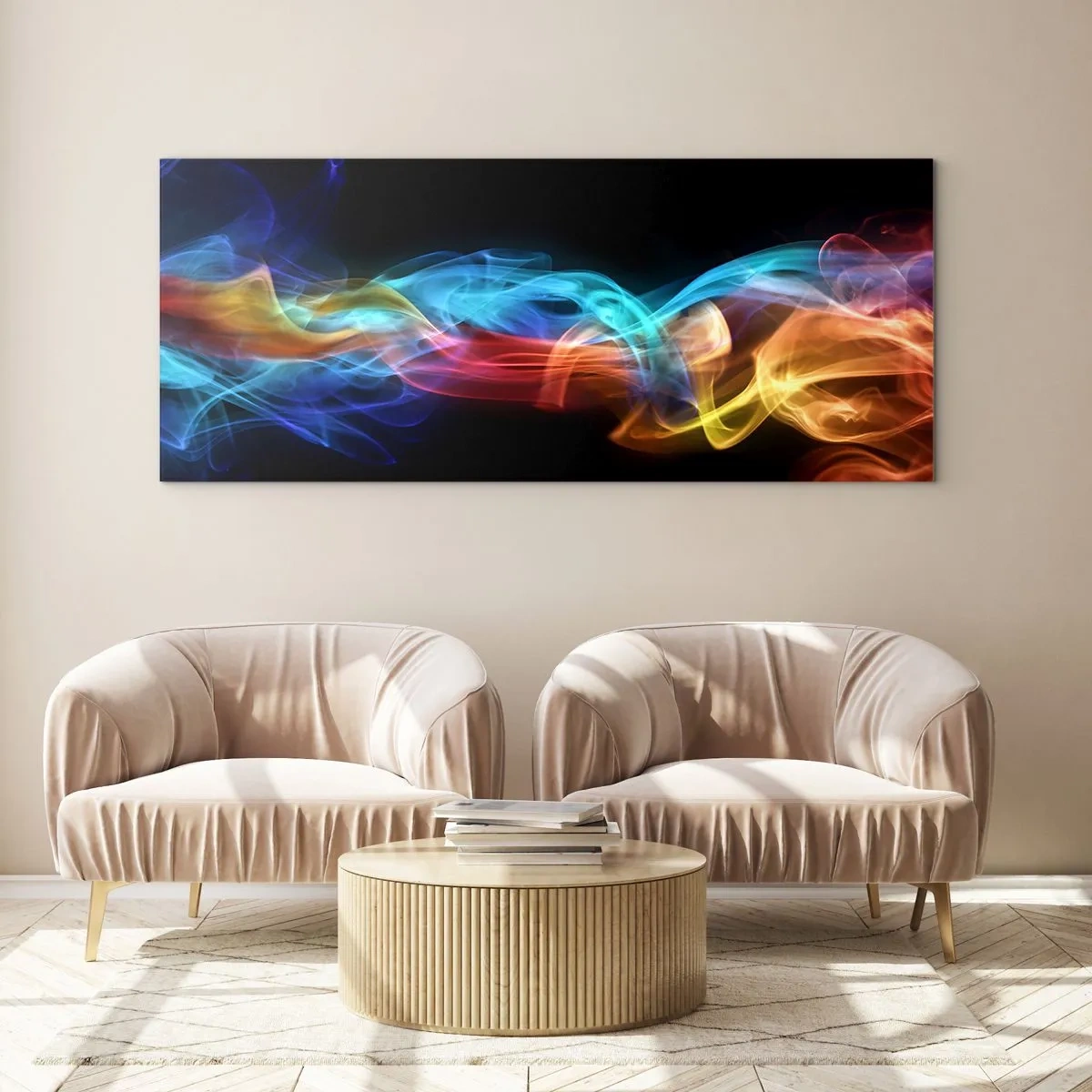 Glasbild - Bild auf glas - Bunter Rauch auf schwarzem Hintergrund - 160x50cm - Regenbogentanz der Nebel - Moderne Wanddekoration für Wohnzimmer und Schlafzimmer ARTTOR