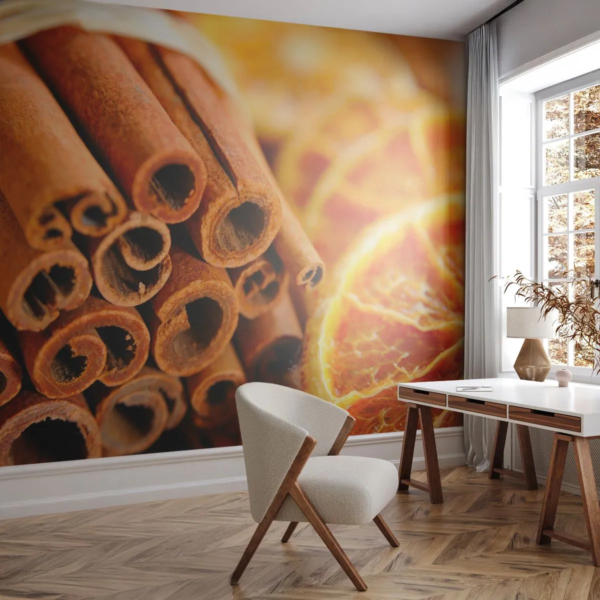 Fototapete Premium Sand - Nahaufnahme von Zimtstangen und getrockneten Orangenscheiben - 100x70cm - Kannst du ihr Aroma riechen? - Moderne Wanddekoration für Wohnzimmer und Schlafzimmer ARTTOR