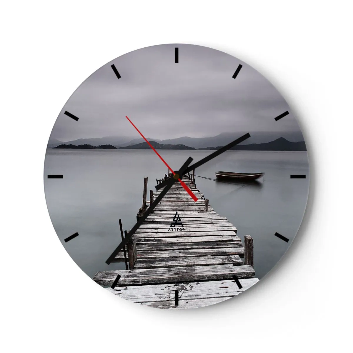 Wanduhr - Glasuhr - Ein Holzsteg auf einem ruhigen See mit einem Boot im Hintergrund - 30x30cm - Du kannst morgen gehen - Moderne Wanddekoration für Wohnzimmer, Küche und Schlafzimmer ARTTOR