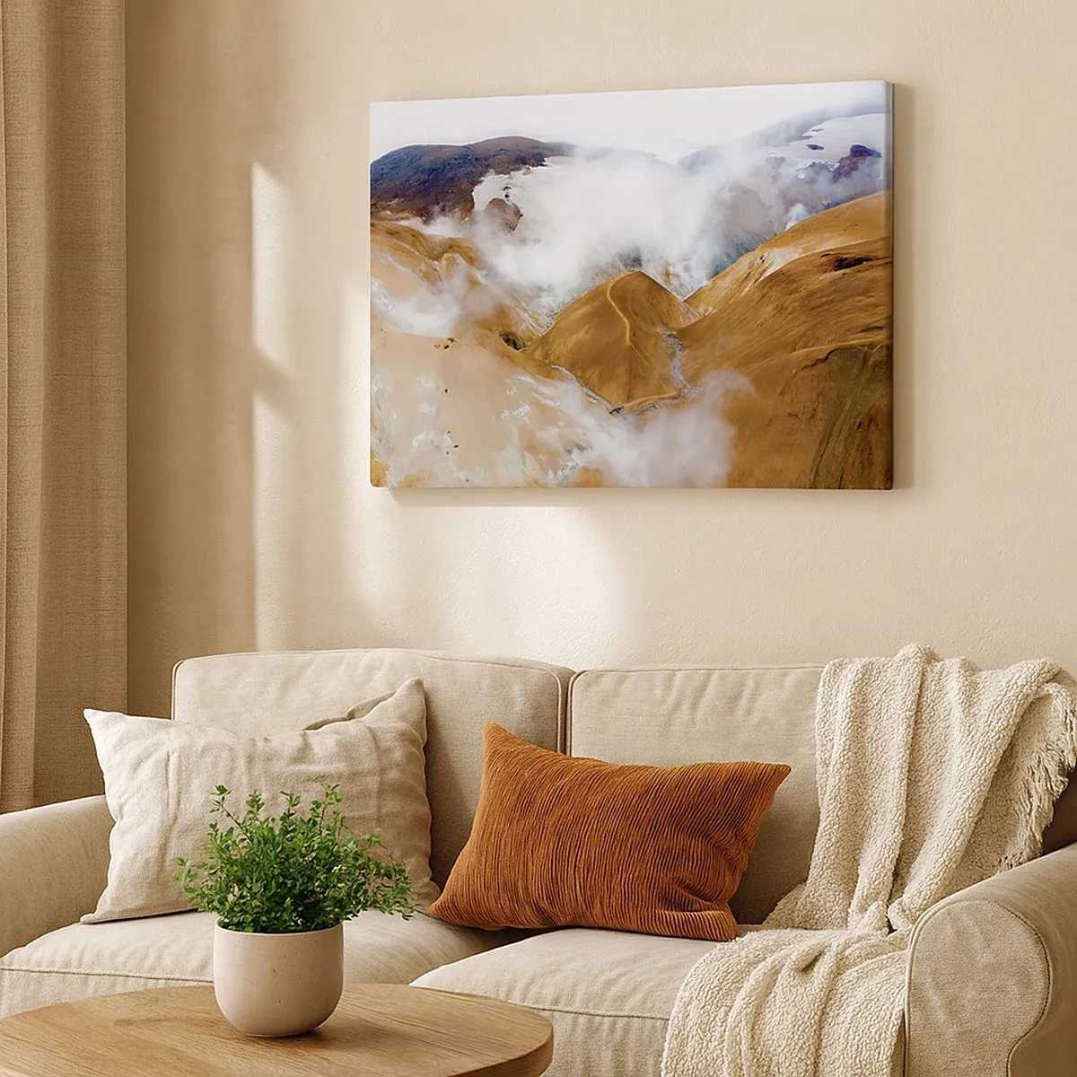 Bild auf Leinwand - Leinwandbild - Eine Berglandschaft mit Dampf in einem rauen Klima - 70x50cm - Islands rohe Schönheit - Moderne Wanddekoration für Wohnzimmer und Schlafzimmer ARTTOR