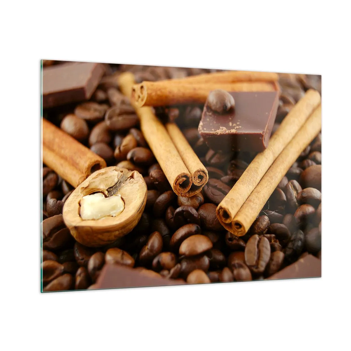 Glasbild - Bild auf glas - Nahaufnahme von Kaffee, Zimt, Schokolade und Walnüssen - 100x70cm - Konzert der Aromen - Moderne Wanddekoration für Wohnzimmer und Schlafzimmer ARTTOR