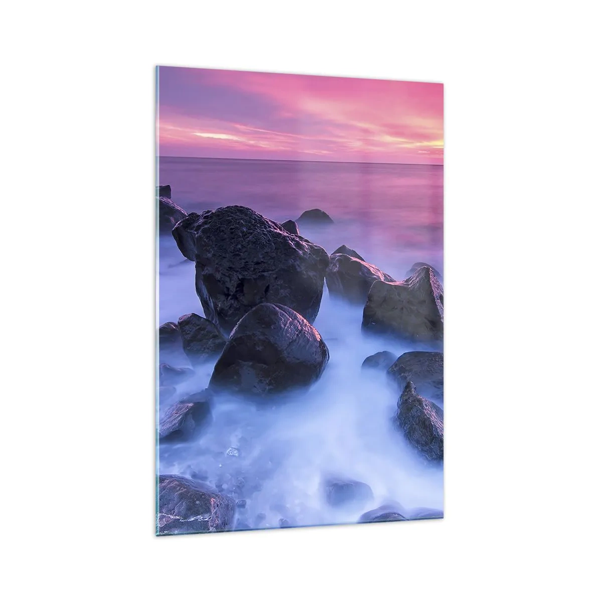 Glasbild - Bild auf glas - Felsige Küste bei Sonnenuntergang - 70x100cm - Geburt bei Licht und Nebel - Moderne Wanddekoration für Wohnzimmer und Schlafzimmer ARTTOR