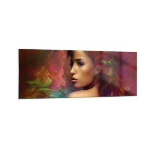 Glasbild - Bild auf glas - Eine Frau mit bunten Reflexionen, die einen abstrakten Hintergrund erzeugen - 140x50cm - Schöner als ein Regenbogen, so zart wie ein Nebel - Moderne Wanddekoration für Wohnzimmer und Schlafzimmer ARTTOR