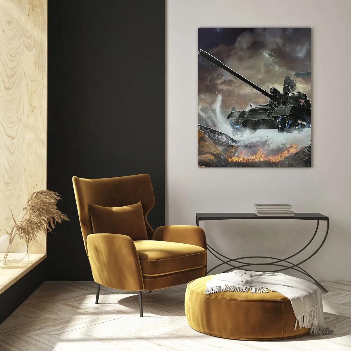 Glasbild - Bild auf glas - Kampfszene mit Panzern und Flugzeugen im Hintergrund - 80x120cm - Der Kampf ist schrecklich und schön - Moderne Wanddekoration für Wohnzimmer und Schlafzimmer ARTTOR