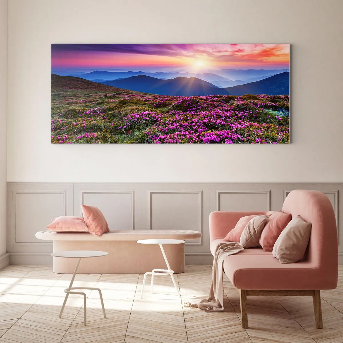 Glasbild - Bild auf glas - Bergwiese mit Blumen bei Sonnenuntergang - 120x50cm - Kräuter dufteten nach frischen Trauben von den Feldern - Moderne Wanddekoration für Wohnzimmer und Schlafzimmer ARTTOR