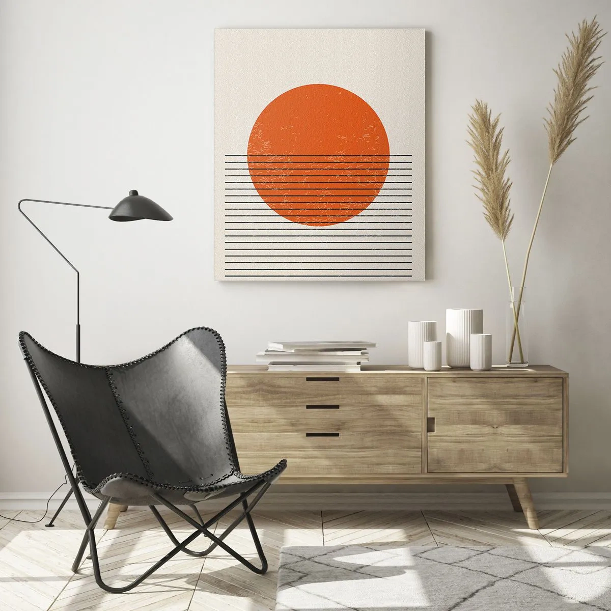 Glasbild - Bild auf glas - Minimalistische Sonne mit geometrischen Linien - 80x120cm - Immer die Sonne - Moderne Wanddekoration für Wohnzimmer und Schlafzimmer ARTTOR