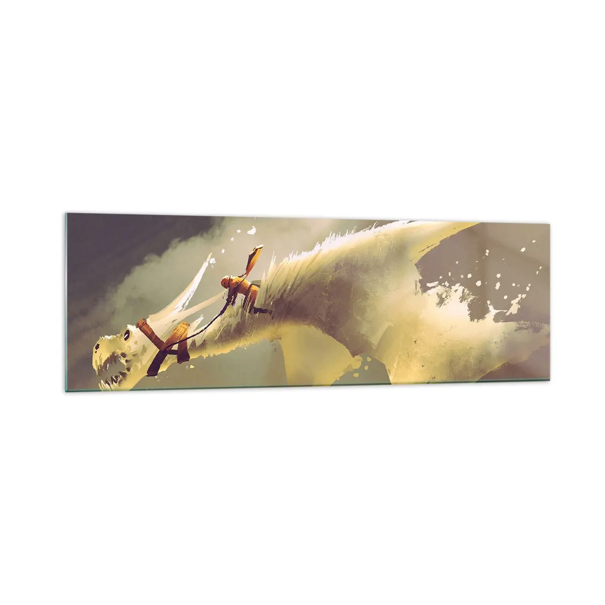 Glasbild - Bild auf glas - Illustration eines Drachenreiters in einer Fantasy-Wolkenlandschaft - 160x50cm - Die Welt zur Rettung - Moderne Wanddekoration für Wohnzimmer und Schlafzimmer ARTTOR