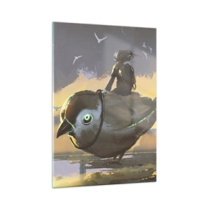 Glasbild - Bild auf glas - Eine Figur auf einem riesigen Vogel im Licht der untergehenden Sonne - 50x70cm - Ein Stopp auf einer fantastischen Reise - Moderne Wanddekoration für Wohnzimmer und Schlafzimmer ARTTOR