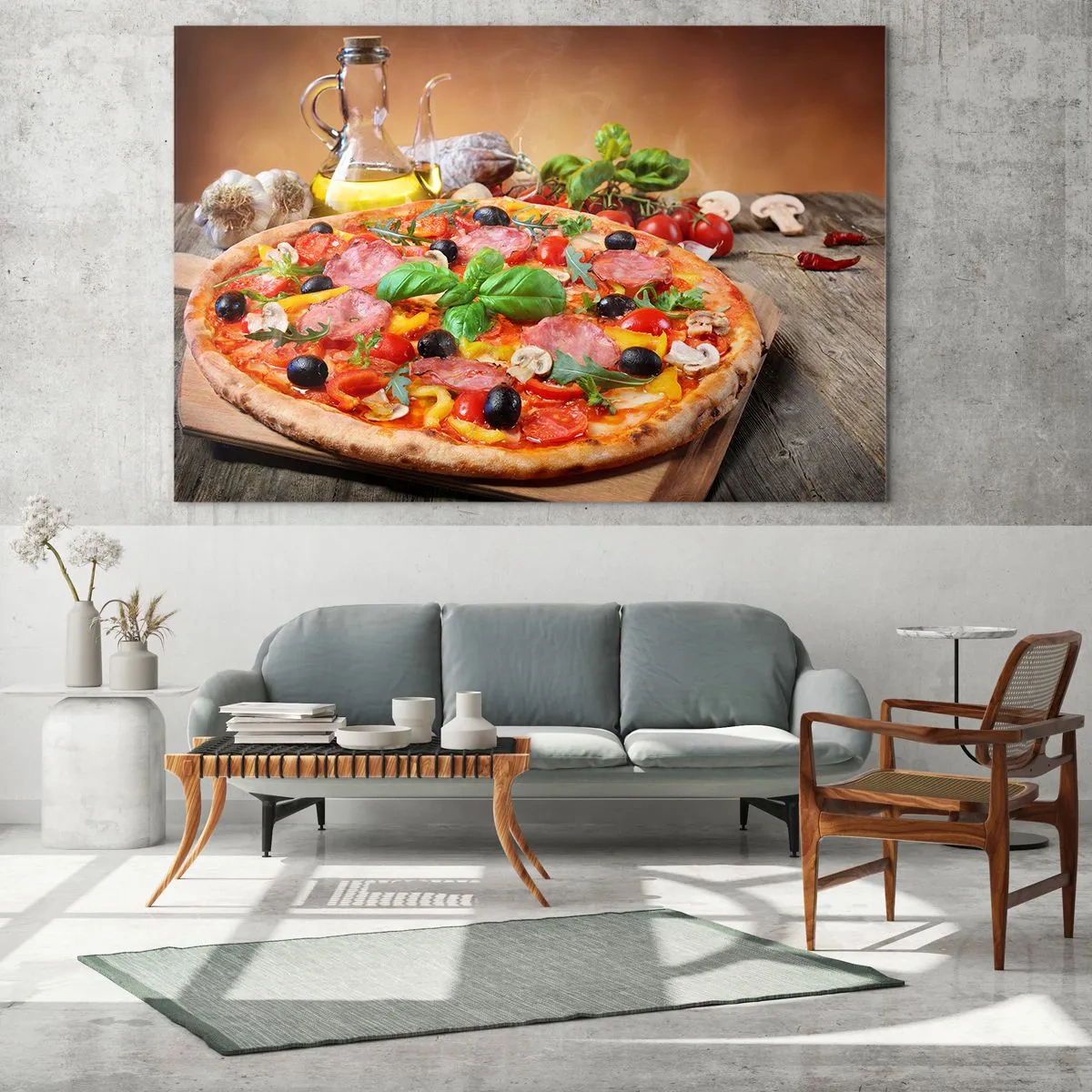 Glasbild - Bild auf glas - Pizza mit Belag auf einem Holztisch mit Olivenöl und Gewürzen - 120x80cm - Mit echtem italienischem Flair - Moderne Wanddekoration für Wohnzimmer und Schlafzimmer ARTTOR