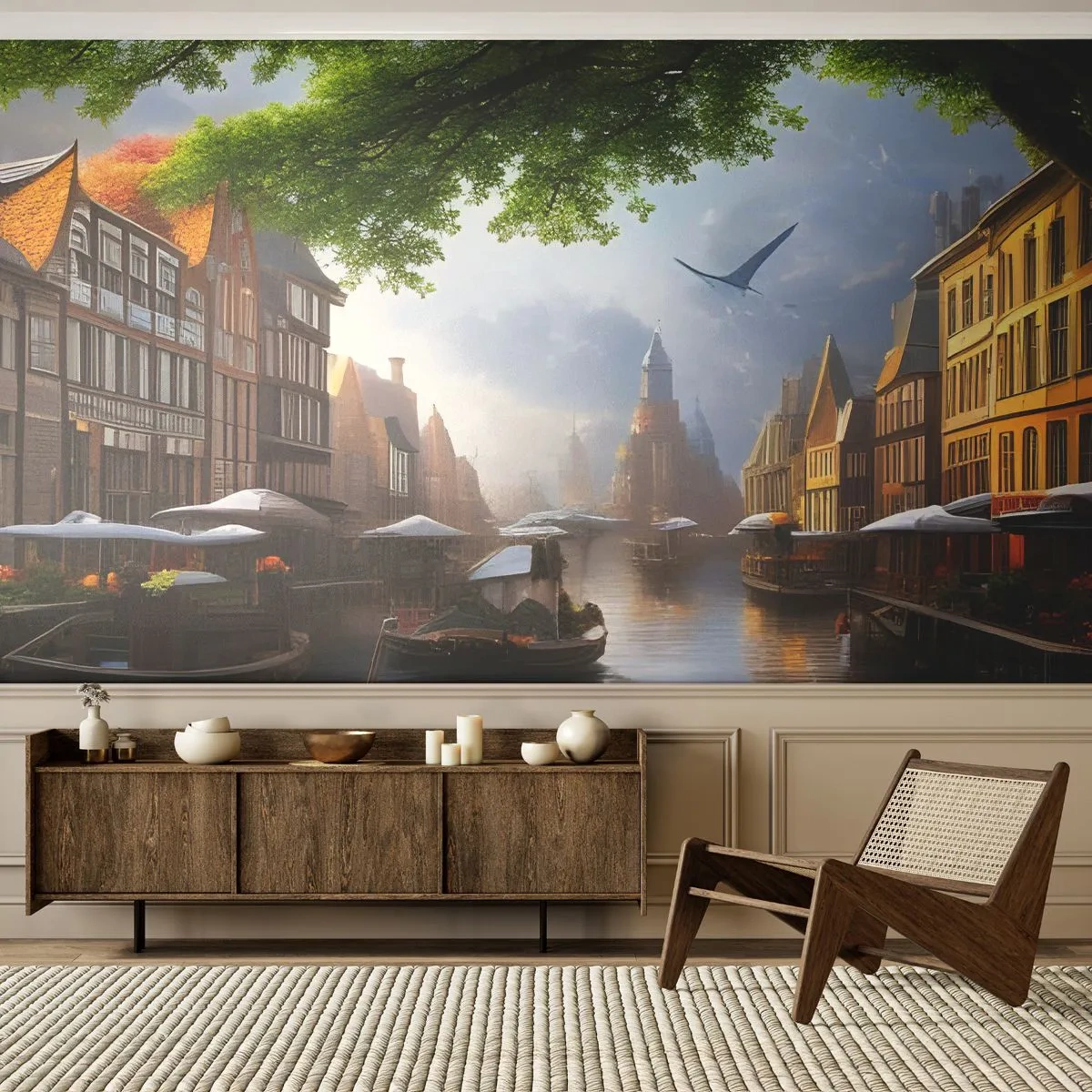 Maßgeschneiderte Fototapete Premium Sand - Niederländisches Stadtbild - Alte Stadt, Boote, Kanal