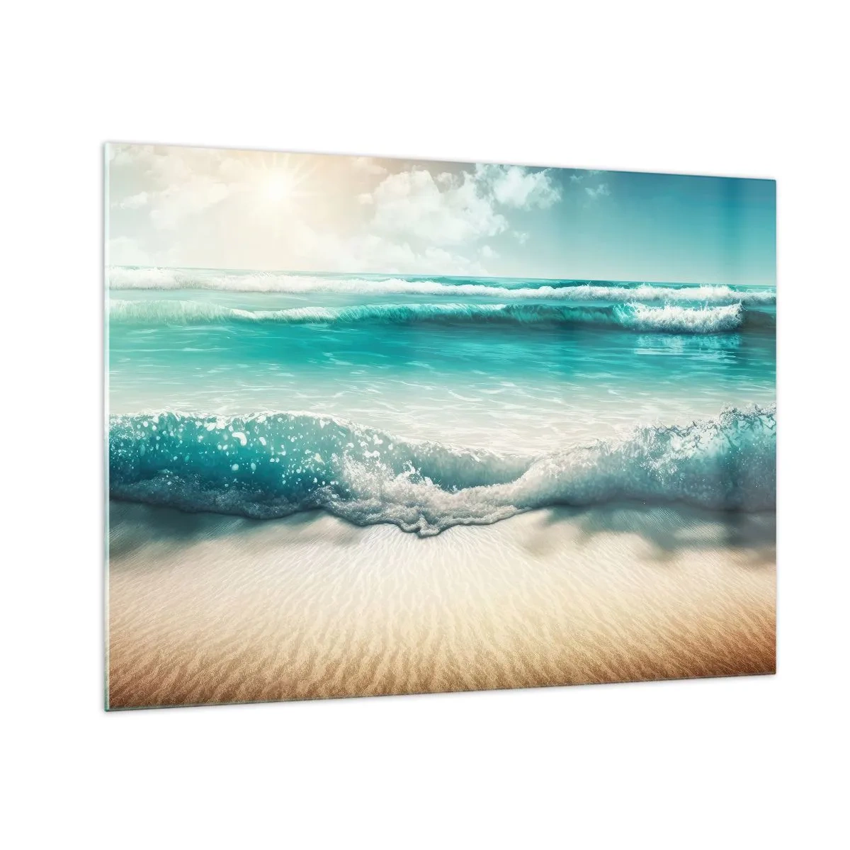 Glasbild - Bild auf glas - Türkisfarbene Meereswellen plätschern gegen einen Sandstrand - 70x50cm - Frieden des Ozeans - Moderne Wanddekoration für Wohnzimmer und Schlafzimmer ARTTOR