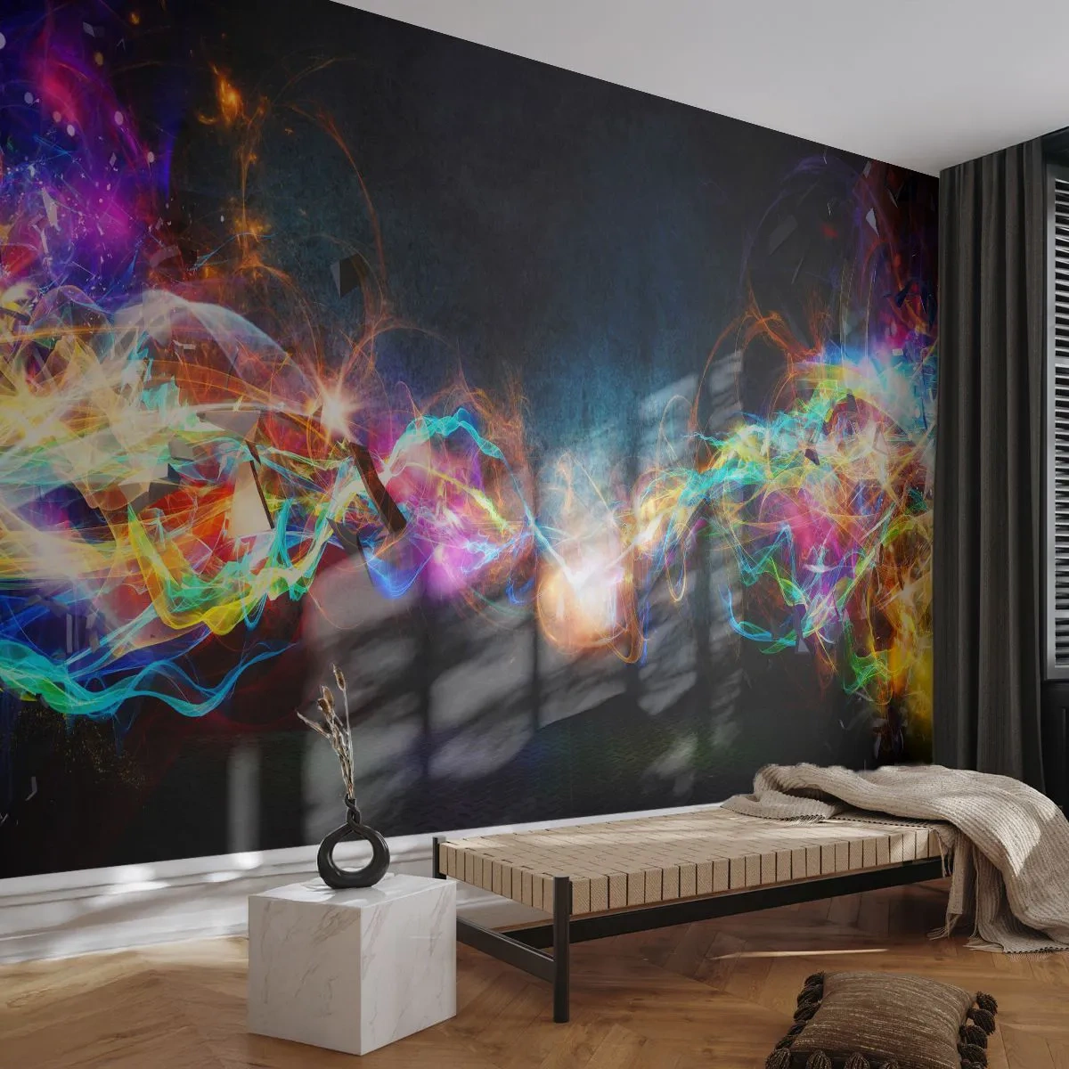 Fototapete Premium Canvas - Freudig gegen die Dunkelheit - Abstraktion, Stück, Explosion - 450x315 cm