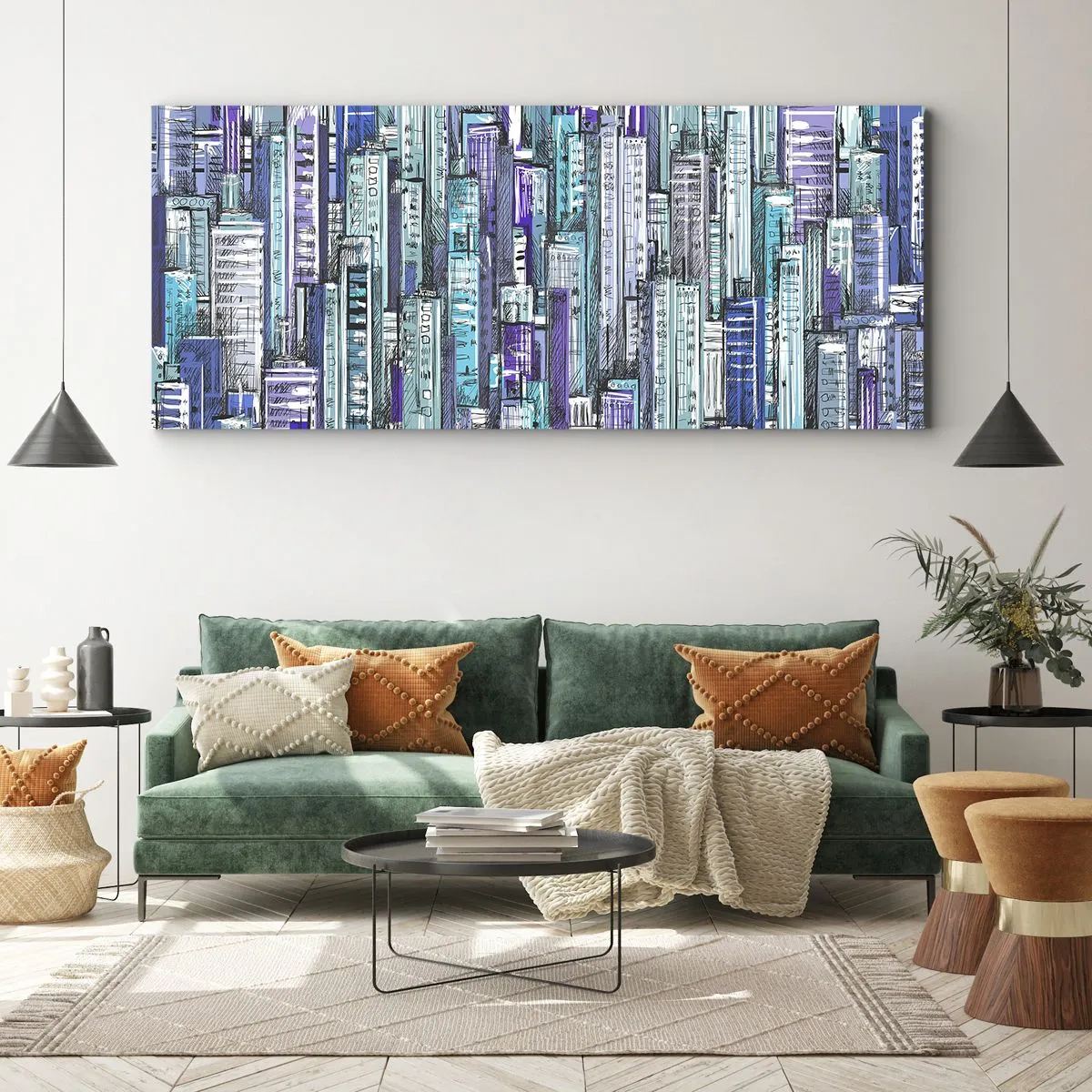 Bild auf Leinwand - Leinwandbild - Illustration einer Stadt mit geometrischen Gebäuden in Blau- und Lilatönen. - 140x50cm - Bläulich von dem Himmel - Moderne Wanddekoration für Wohnzimmer und Schlafzimmer ARTTOR