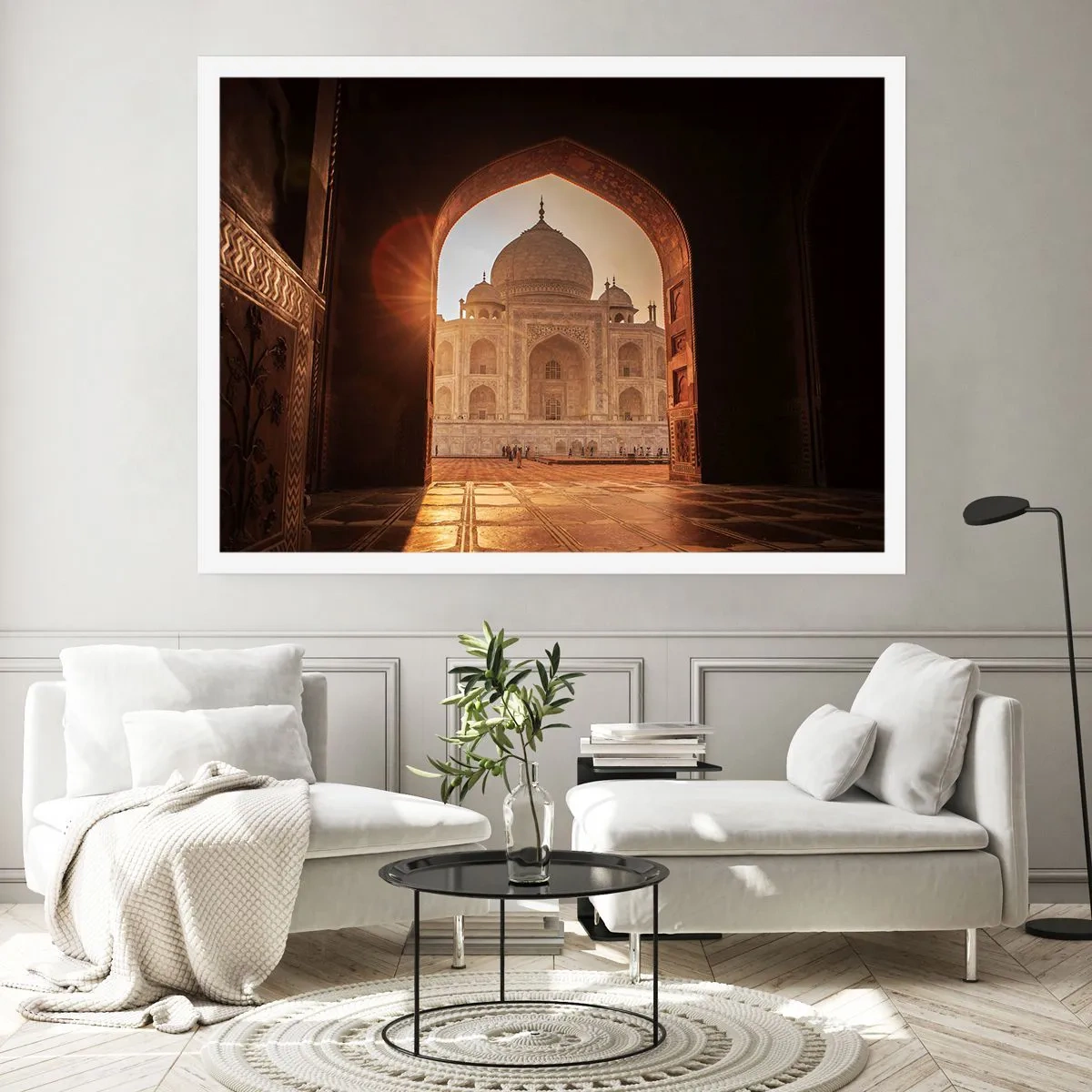 Poster - Taj Mahal im Sonnenlicht vom Torbogen aus gesehen - 100x70cm - Denkmal der überirdischen Liebe - Moderne Wanddekoration für Wohnzimmer und Schlafzimmer ARTTOR
