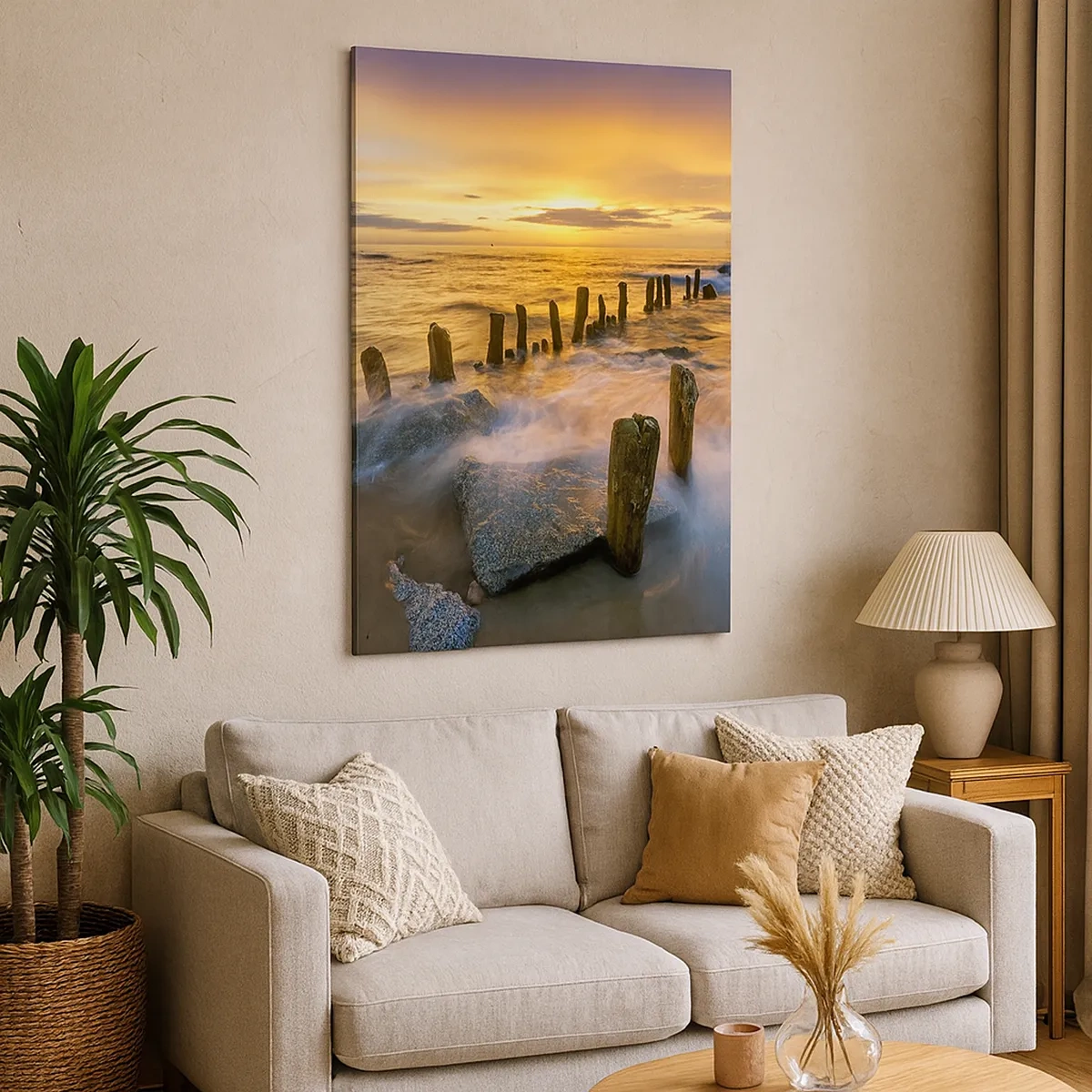 Bild auf Leinwand - Leinwandbild - Sonnenuntergang über dem Meer mit den Überresten eines alten Piers - 50x70cm - Die raue Schönheit der Ostsee - Moderne Wanddekoration für Wohnzimmer und Schlafzimmer ARTTOR