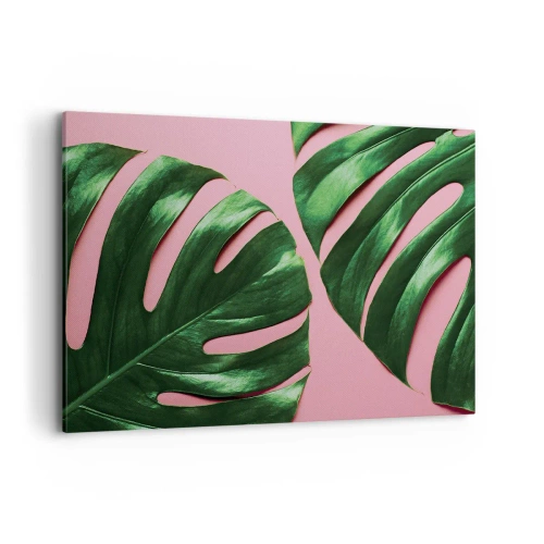 Bild auf Leinwand - Leinwandbild - Grüne Monstera-Blätter auf rosa Hintergrund - 100x70cm - Rendezvous im Grünen - Moderne Wanddekoration für Wohnzimmer und Schlafzimmer ARTTOR
