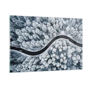Glasbild - Bild auf glas - Eine kurvenreiche Straße durch einen Winterwald, von einer Drohne aus gesehen - 120x80cm - Durch den Winterwald - Moderne Wanddekoration für Wohnzimmer und Schlafzimmer ARTTOR