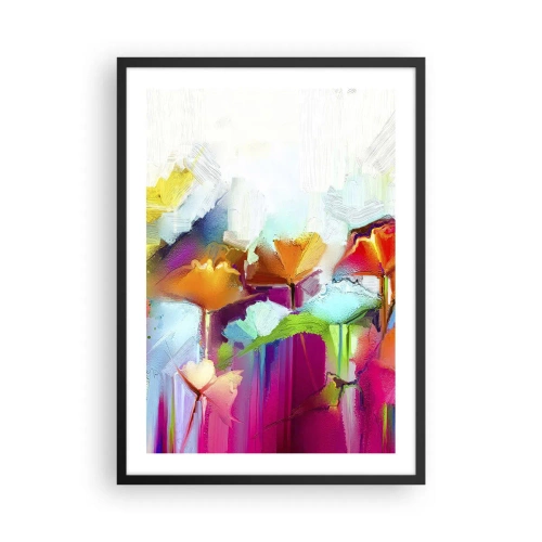 Poster in einem schwarzem Rahmen - Abstrakte Blumen in intensiven Farben auf weißem Hintergrund - 50x70cm - Der Regenbogen ist aufgeblüht - Moderne Wanddekoration für Wohnzimmer und Schlafzimmer ARTTOR