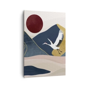 Bild auf Leinwand - Leinwandbild - Kraniche im Flug vor der Kulisse der Berge und einer roten Sonne - 70x100cm - Es ist wieder ein Tag VERFLOGEN - Moderne Wanddekoration für Wohnzimmer und Schlafzimmer ARTTOR