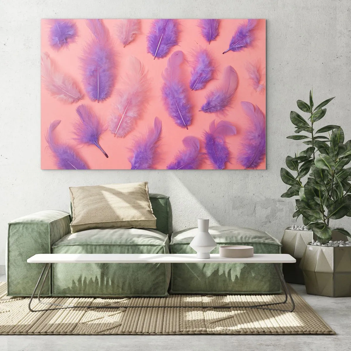 Glasbild - Bild auf glas - Lila Federn auf rosa Hintergrund in einer zarten Komposition - 70x50cm - Lila Vogel der Begierde - Moderne Wanddekoration für Wohnzimmer und Schlafzimmer ARTTOR