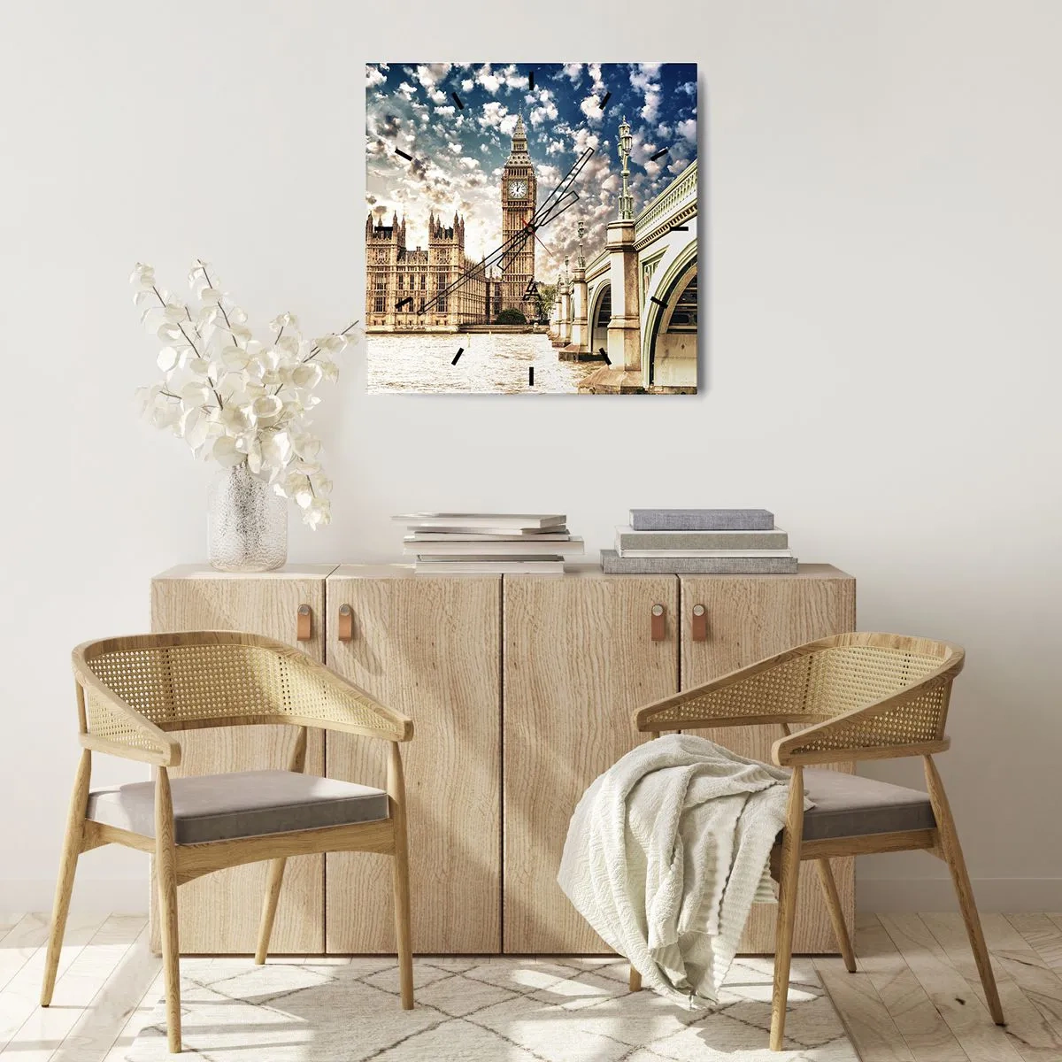 Wanduhr - Glasuhr - Big Ben und Westminster Bridge im Sonnenlicht in London - 30x30cm - Federwolken über der Themse - Moderne Wanddekoration für Wohnzimmer und Schlafzimmer ARTTOR