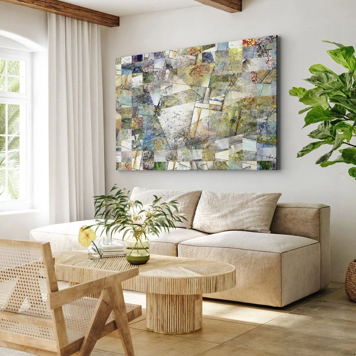 Bild auf Leinwand - Leinwandbild - Bunte Abstraktion mit geometrischen Formen und Linien - 70x50cm - Geometrische Mischung - Moderne Wanddekoration für Wohnzimmer und Schlafzimmer ARTTOR