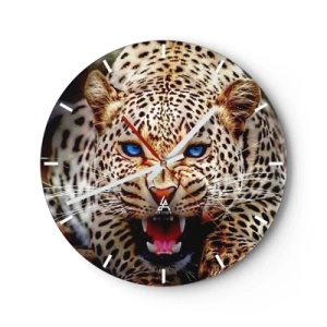Wanduhr - Glasuhr - Ein bedrohlicher Leopard mit blauen Augen vor dem Hintergrund der Natur - 30x30cm - Schönheitswut tut nicht weh - Moderne Wanddekoration für Wohnzimmer, Küche und Schlafzimmer ARTTOR