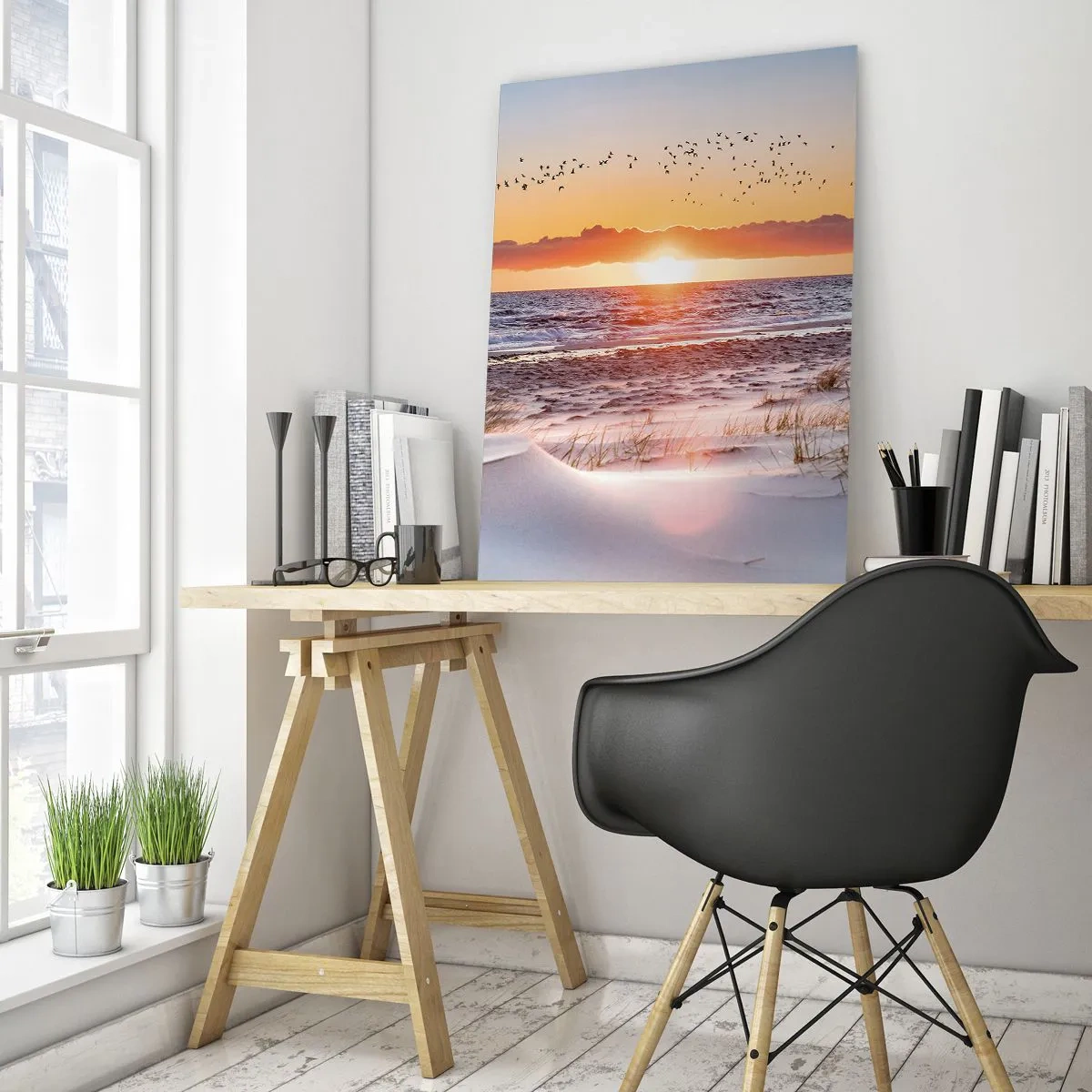 Glasbild - Bild auf glas - Sonnenuntergang über dem Meer mit Blick auf die Dünen - 80x120cm - Horizontale Landschaft - Moderne Wanddekoration für Wohnzimmer und Schlafzimmer ARTTOR