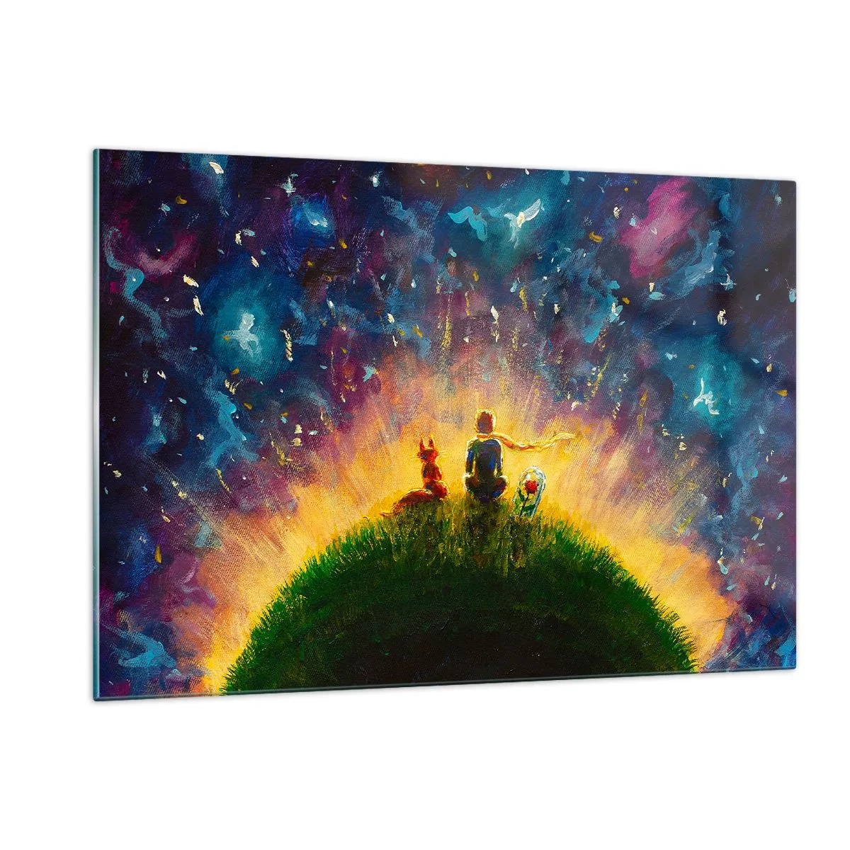 Glasbild - Bild auf glas - Eine Figur mit einem Fuchs auf einem Planeten unter einem Sternenhimmel - 120x80cm - Liebe und Freundschaft - die ganze Welt - Moderne Wanddekoration für Wohnzimmer und Schlafzimmer ARTTOR