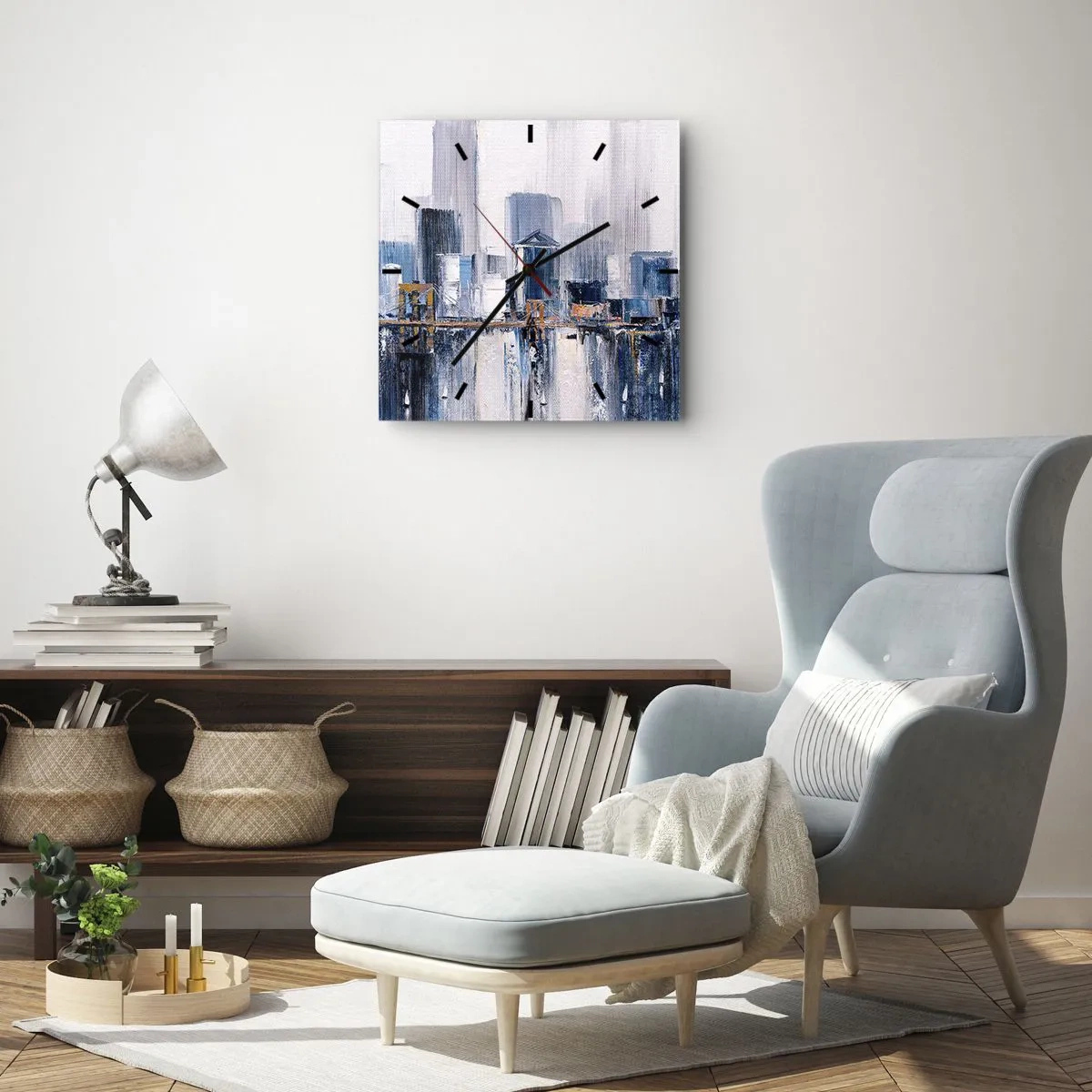 Wanduhr - Glasuhr - Abstraktes Stadtpanorama mit Blau- und Gelbtönen - 30x30cm - New Yorker Eindruck - Moderne Wanddekoration für Wohnzimmer und Schlafzimmer ARTTOR