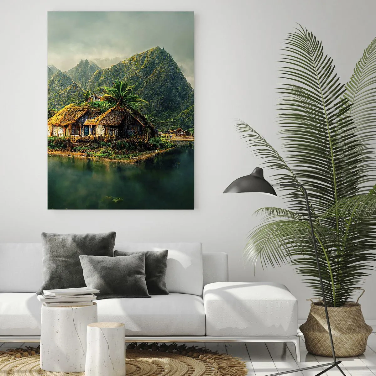 Glasbild - Bild auf glas - Eine tropische Insel mit Palmen und Bergen im Hintergrund - 80x120cm - Tropisches Paradies - Moderne Wanddekoration für Wohnzimmer und Schlafzimmer ARTTOR