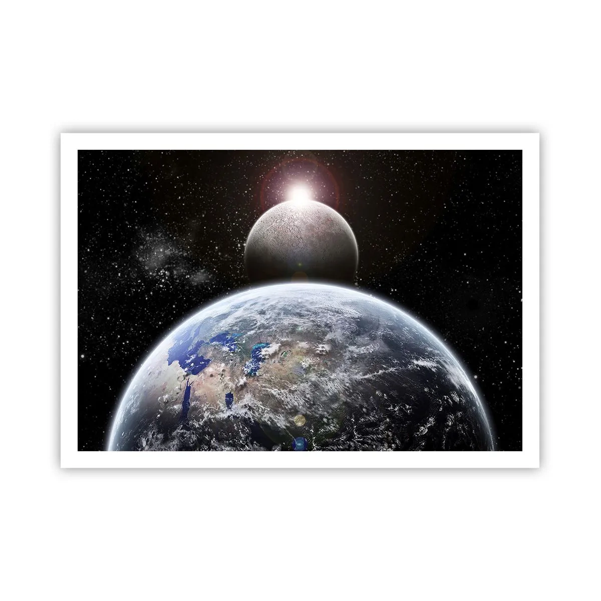 Poster - Planet Erde und Mond vor dem Hintergrund des sternenklaren Weltraums. - 100x70cm - Weltraumlandschaft - Sonnenaufgang - Moderne Wanddekoration für Wohnzimmer und Schlafzimmer ARTTOR