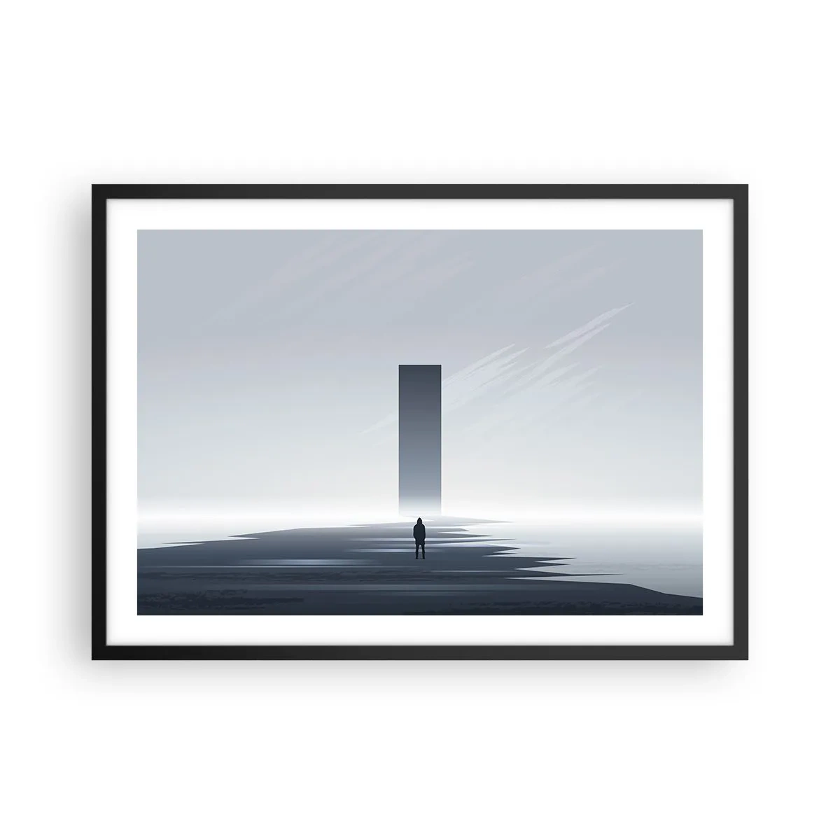 Poster in einem schwarzem Rahmen - Eine minimalistische Landschaft mit einer Silhouette neben einem rechteckigen Monolithen - 70x50cm - Chance oder Bedrohung? - Moderne Wanddekoration für Wohnzimmer und Schlafzimmer ARTTOR