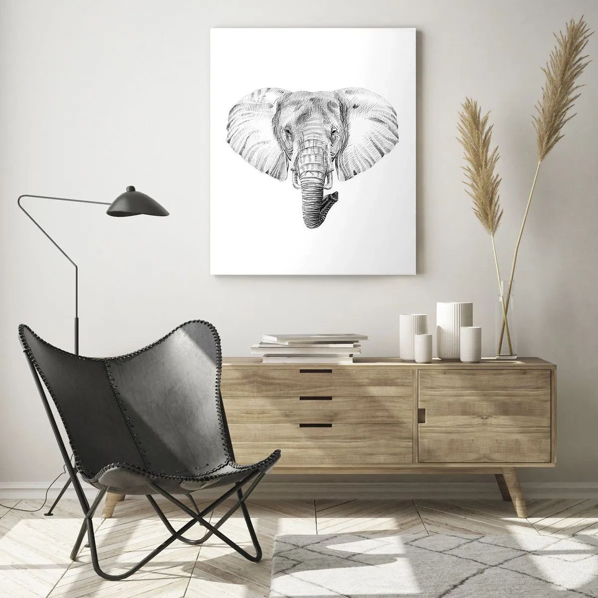 Glasbild - Bild auf glas - Schwarz-weiße Zeichnung eines Elefantenkopfes auf weißem Hintergrund - 70x100cm - Da war ein Elefant, so groß wie - ein Elefant - Moderne Wanddekoration für Wohnzimmer und Schlafzimmer ARTTOR